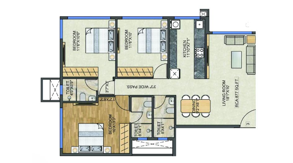 Modis-Rashmi-Signature-Floor-Plan-GH1-3 BHK-877 Sqft